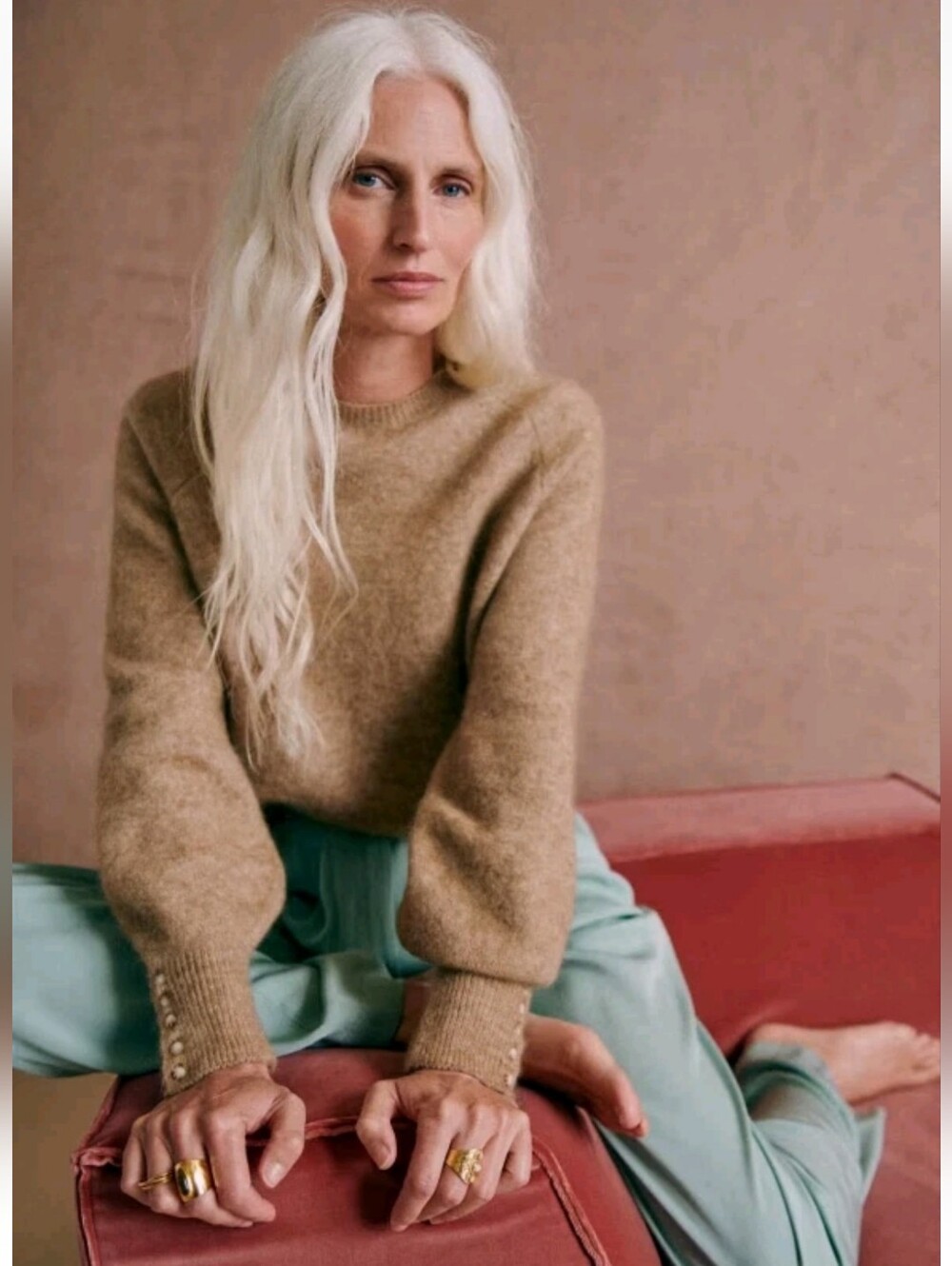 SÉZANE Louise Beige Mohair Jumper Button Sleeve Crew Sweater NWOT - Picture 6 of 16